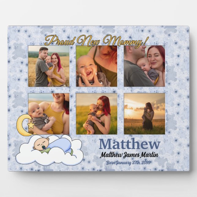 New Mommy Baby Photo Collage in Blue Plaque (Front)