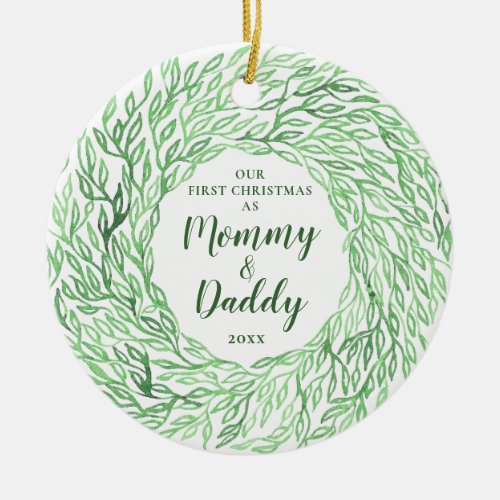New Mommy  Daddy Elegant Greenery Watercolor Ceramic Ornament