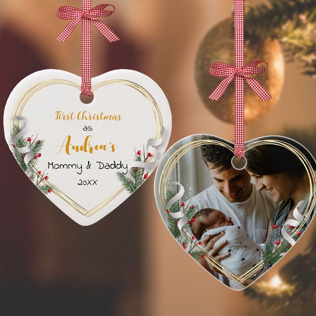 New Mommy Daddy Holly & Pine Gold Frame Photo  Ceramic Ornament (Creator Uploaded)