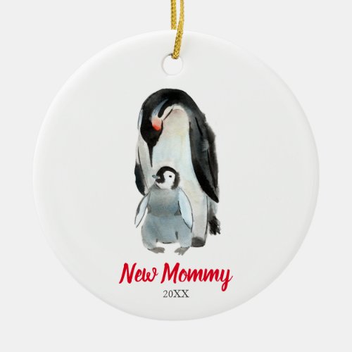 New Mommy Penguin Newborn Babys First Christmas Ceramic Ornament