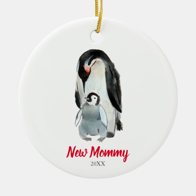 New Mommy Penguin Newborn Baby's First Christmas Ceramic Ornament (Front)