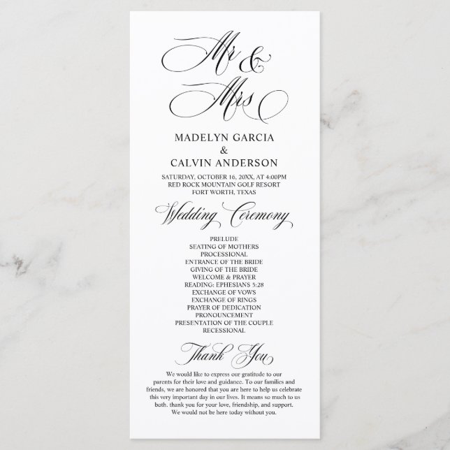 New Mr and Mrs, Classy Wedding Ceremony Program (Front)