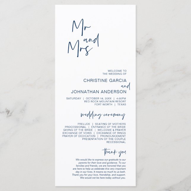 New Mr and Mrs, Modern Navy Blue Wedding Program (Front)
