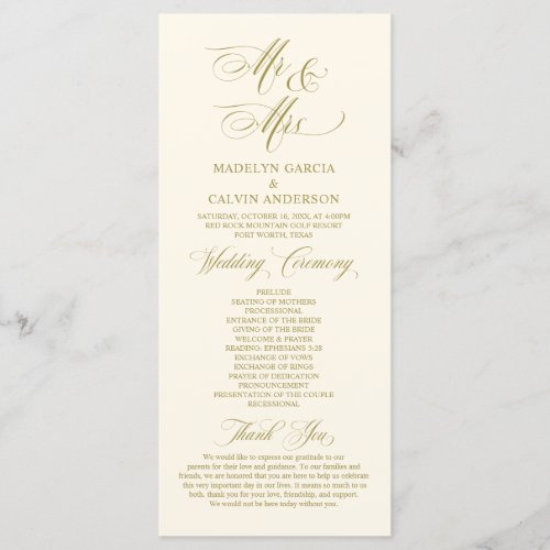 New Mr and Mrs Vintage Gold Wedding Ceremony Program