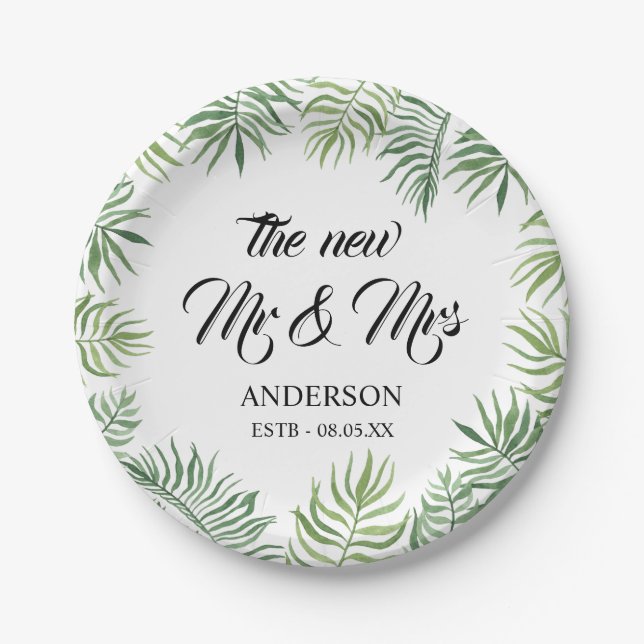 New Mr & Mrs  Foliage Wedding Party Paper Plates (Front)