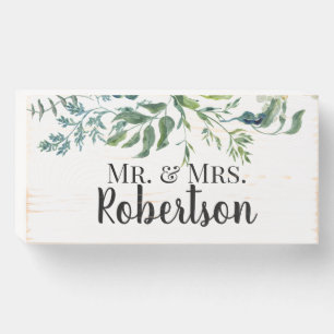New Mr & Mrs Greenery Leaves Wedding Table Wooden Box Sign