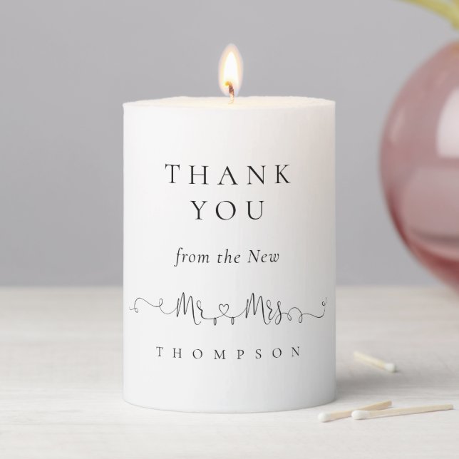 New Mr Mrs Rings Heart Script Wedding Thank You Pillar Candle (In Situ)