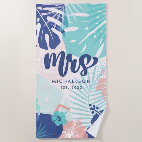 New Mrs  Tropical Leaves Beach Towel