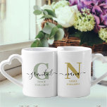 New Nana and Grandad Monogram Green and Ochre Coffee Mug Set<br><div class="desc">Family monogram mug set for new nana and grandad (or established grandparents) which you can personalize with the date they became first time grandparents. This design has elegant handwritten script, modern typography and a subtle color palette of silver green, ochre yellow, black and white. One mug has a monogram initial...</div>