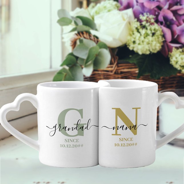 New Nana and Grandad Monogram Green and Ochre Coffee Mug Set (Creator Uploaded)