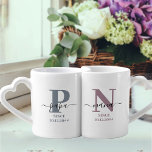 New Nana and Papa Monogram Blue Grey and Mauve Coffee Mug Set<br><div class="desc">Family monogram mug set for new nana and papa (or established grandparents) which you can personalize with the date they became first time grandparents. This design has elegant handwritten script, modern typography and a subtle color palette of storm blue grey and mauve heather, black and white. One mug has a...</div>