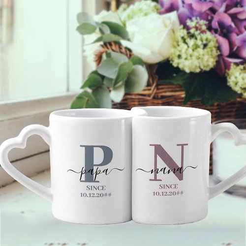 New Nana and Papa Monogram Blue Grey and Mauve Coffee Mug Set