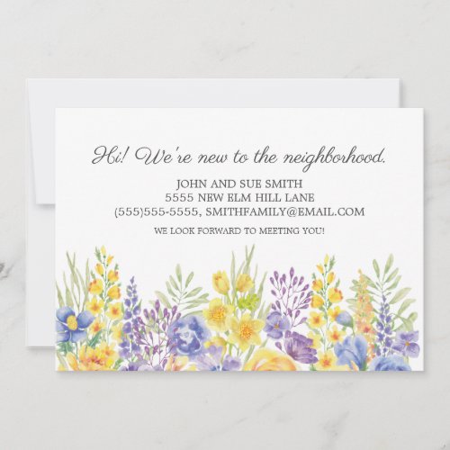 New Neighbor Introduction Yellow Purple Floral Announcement