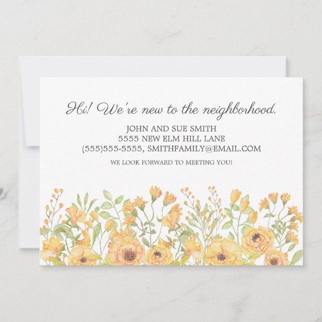 New Neighbor Introduction Yellow Watercolor Floral Announcement (Front)