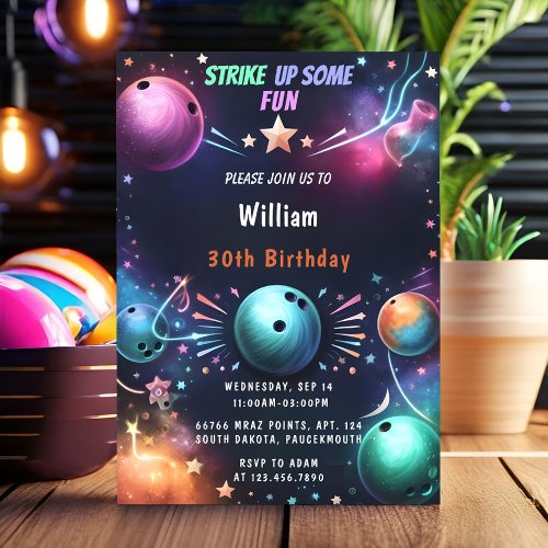 New Neon Boy Kids Team Event Bowling 30th Birthday Invitation