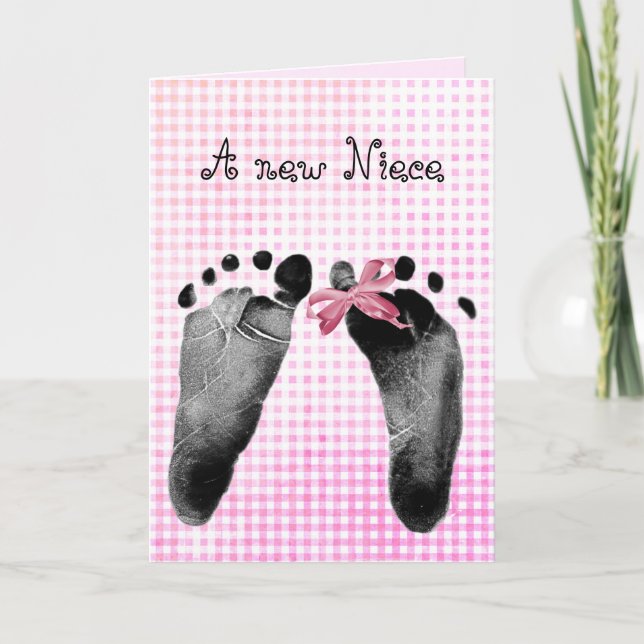 New Niece Footprints On Pink Gingham Card (Front)