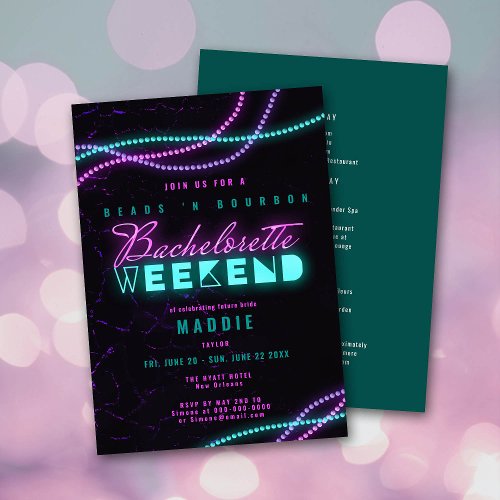 New Orleans Bead Bourbon Neon Bachelorette Weekend Invitation