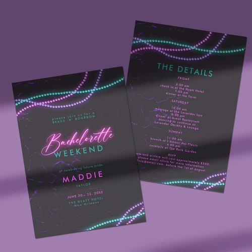 New Orleans Beads Neon Bachelorette Itinerary Invitation