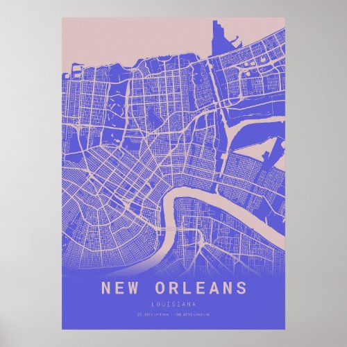 New Orleans Blue City Map Poster