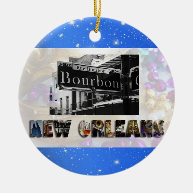 New Orleans Bourbon St Beads NOLA Christmas Ceramic Ornament (Front)