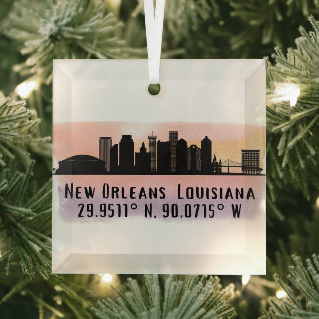 New Orleans City Skyline Latitude and Longitude  Glass Ornament (Insitu)