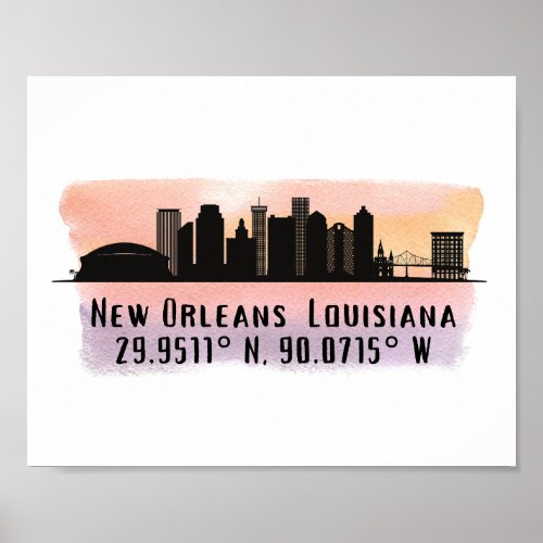 New Orleans City Skyline Latitude and Longitude  Poster