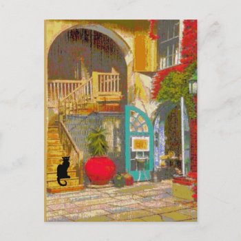 New Orleans Courtyard Black Cat Postcard by figstreetstudio at Zazzle