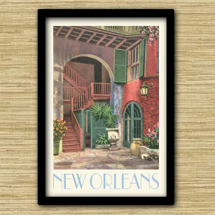 New Orleans Courtyard, vintage travel style Poster