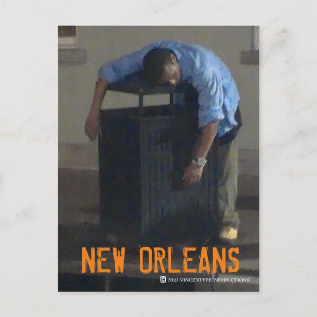 New Orleans Drunk Sleeping On Garbage Can Postcard (Front)