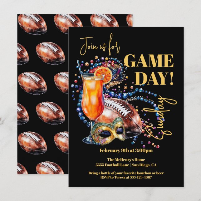 New Orleans Football Party Game Day Mardi Gras Invitation (Front/Back)
