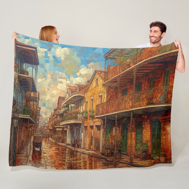 New Orleans French Quarter, Futurism Style Art Fleece Blanket (In Situ)