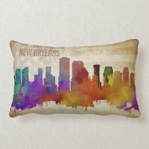 New Orleans, LA Watercolor City Skyline Lumbar Pillow