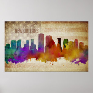 New Orleans, LA   Watercolor City Skyline Poster