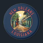 New Orleans Louisiana Retro Distressed Circle Magnet<br><div class="desc">New Orleans retro vector travel design. Nicknamed the "Big Easy, " it's known for its round-the-clock nightlife,  vibrant live-music scene and spicy,  singular cuisine reflecting its history as a melting pot of French,  African and American cultures.</div>