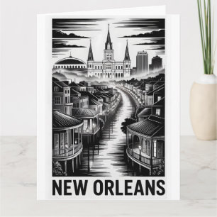 New Orleans Louisiana Skyline Black White Woodcut Card