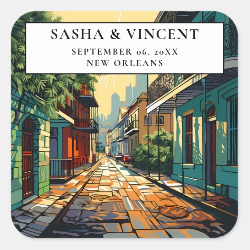 New Orleans Louisiana Wedding Retro Square Sticker