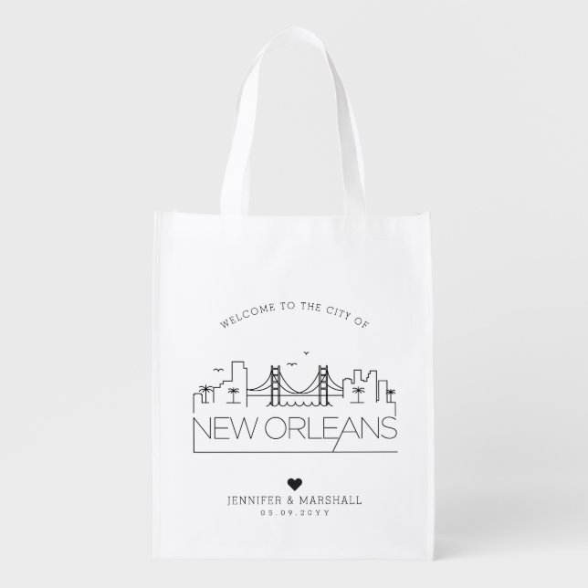 New Orleans, Louisiana Wedding | Stylized Skyline Grocery Bag (Front)