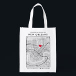 New Orleans Love Locator City Map Wedding Welcome Grocery Bag<br><div class="desc">A fun reusable grocery bag for a wedding or any other occasion taking place in the beautiful city of New Orleans, Louisiana. This tote features an overhead map of the city center inside a black-bordered box framer. On the top sits a short welcome greeting and the name of the city....</div>