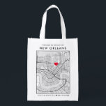 New Orleans Love Locator City Map Wedding Welcome Grocery Bag<br><div class="desc">A fun reusable grocery bag for a wedding or any other occasion taking place in the beautiful city of New Orleans, Louisiana. This tote features an overhead map of the city center inside a black-bordered box framer. On the top sits a short welcome greeting and the name of the city....</div>