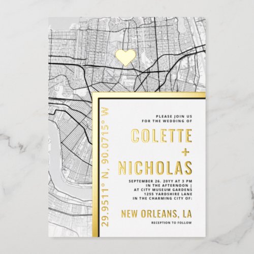 New Orleans Love Locator  City Themed Wedding Foil Invitation