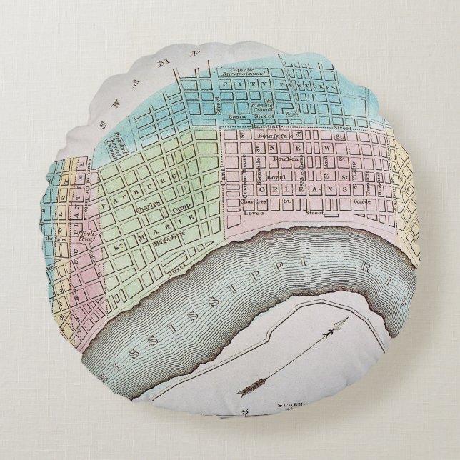 New Orleans Map, 1837 Round Pillow (Front)