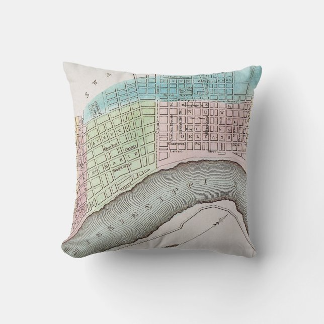 New Orleans Map, 1837 Throw Pillow (Front)