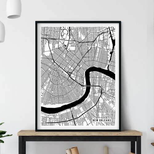 New Orleans Map Modern Black and White City Map Poster