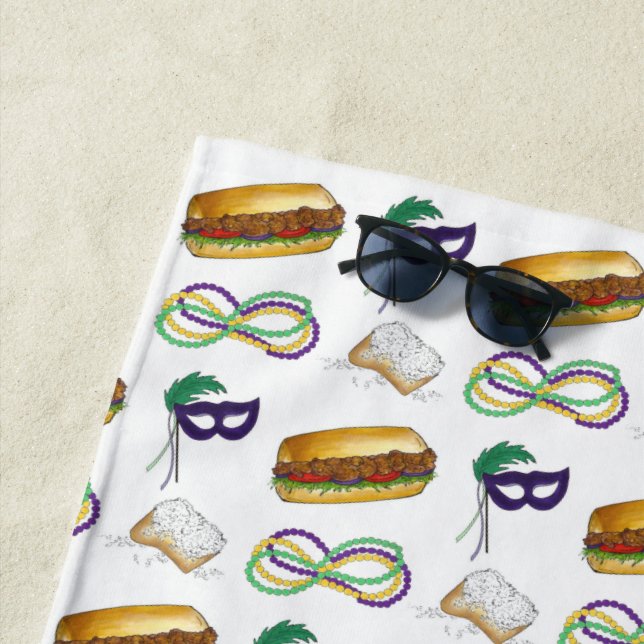 New Orleans Mardi Gras Beignet Beads Mask Po'Boy Beach Towel (In Situ)