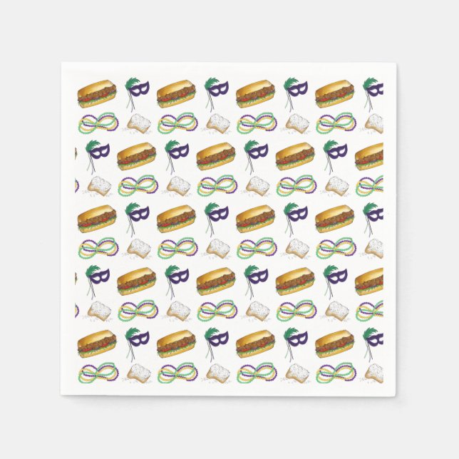 New Orleans Mardi Gras Beignet Beads Mask Po'Boy Napkins (Front)