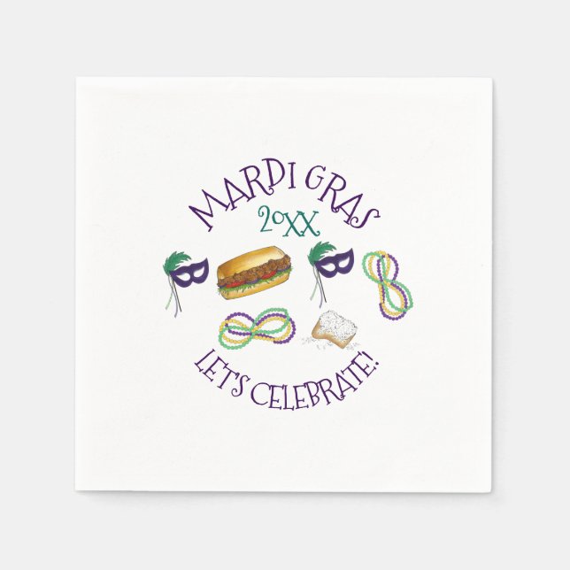 New Orleans Mardi Gras Beignet Beads Mask Po'Boy Napkins (Front)