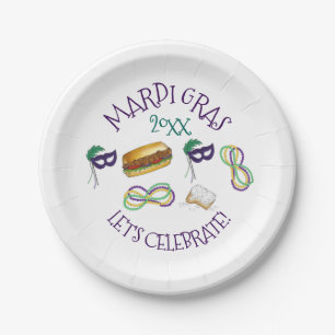 New Orleans Mardi Gras Beignet Beads Mask Po'Boy Paper Plates