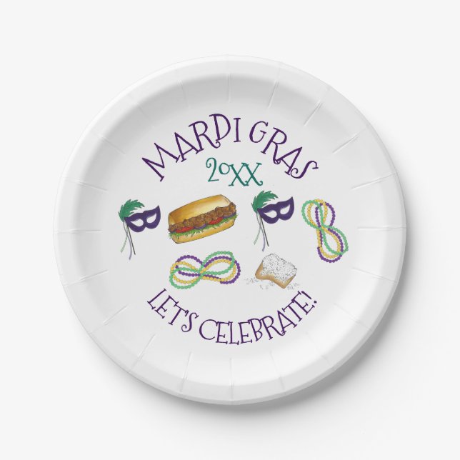 New Orleans Mardi Gras Beignet Beads Mask Po'Boy Paper Plates (Front)