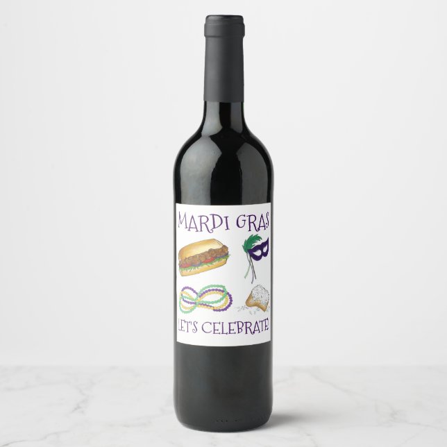 New Orleans Mardi Gras Beignet Beads Mask Po'Boy Wine Label (Front)