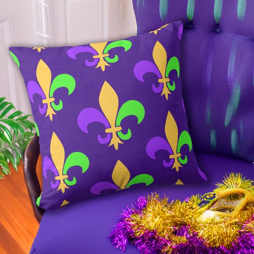 New Orleans Mardi Gras Colorful Fleur de Lis Throw Pillow